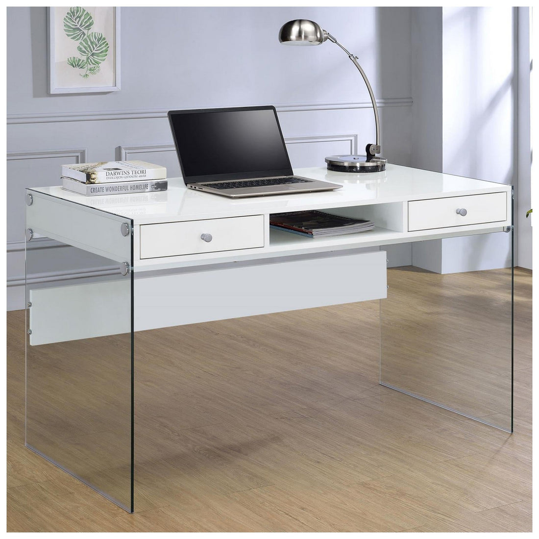 Dobrev 2-drawer Writing Desk Glossy White and Clear 800829