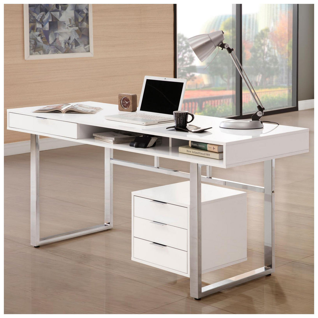 Whitman 4-drawer Writing Desk Glossy White 800897