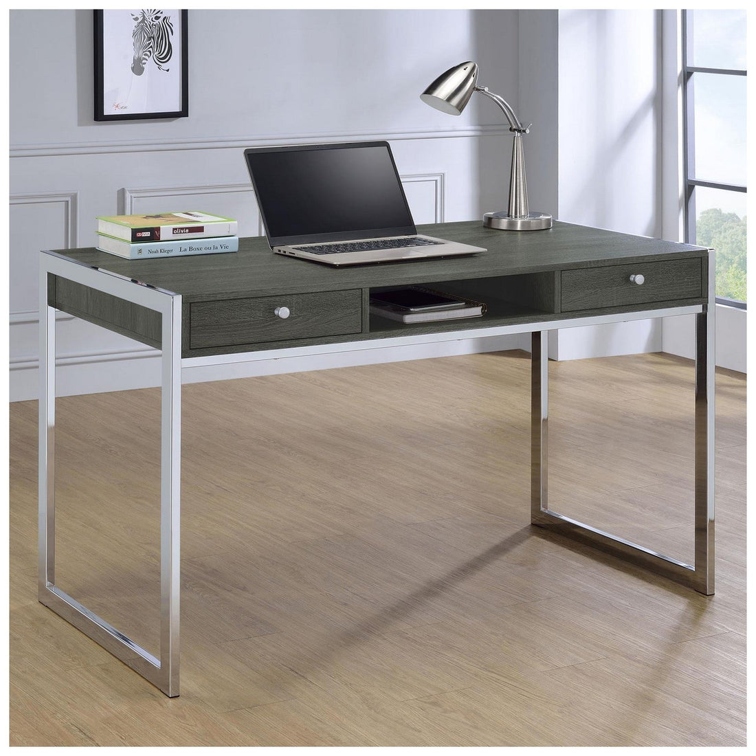 Wallice 2-drawer Writing Desk Weathered Grey and Chrome 801221