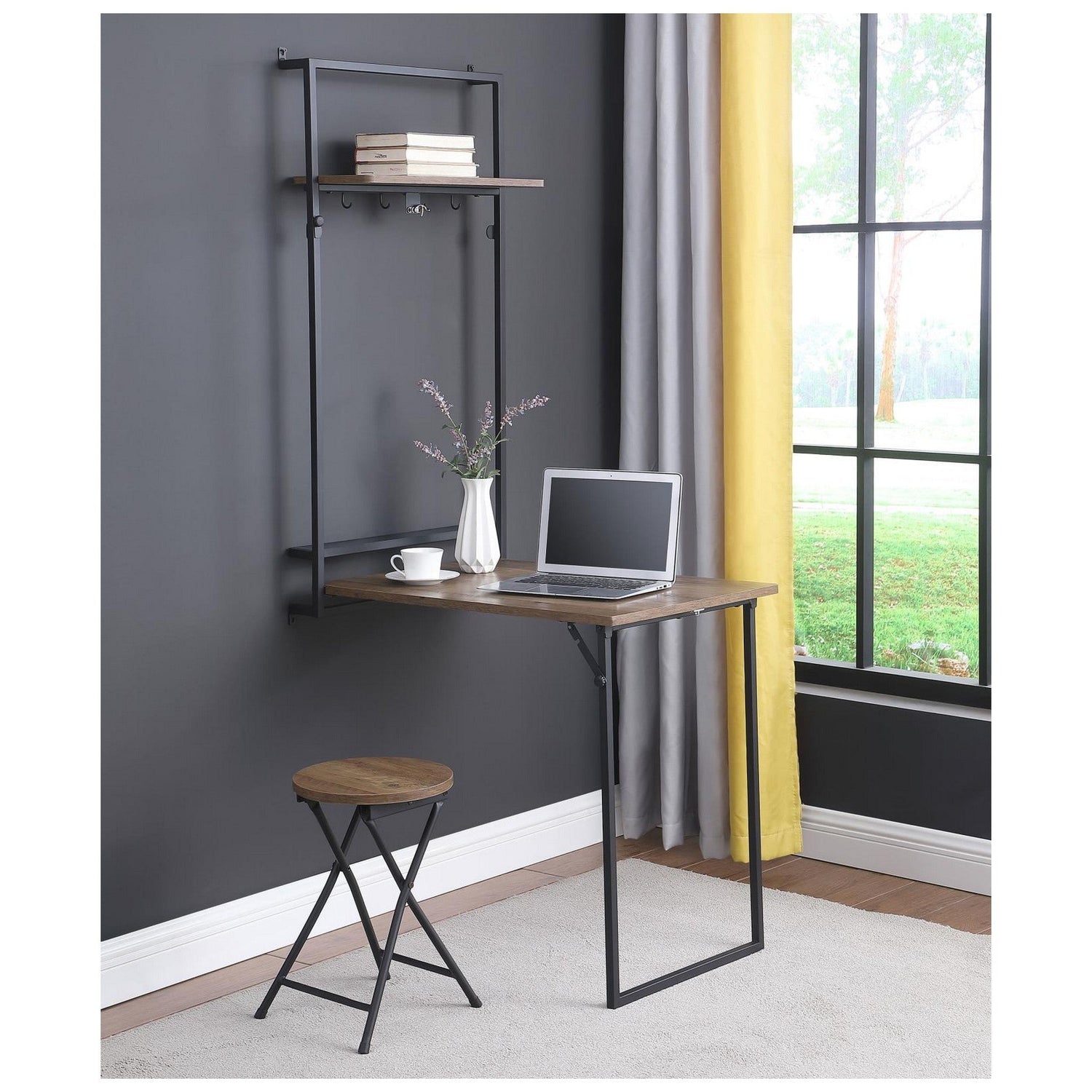 Riley Foldable Wall Desk with Stool Rustic Oak and Sandy Black 801402