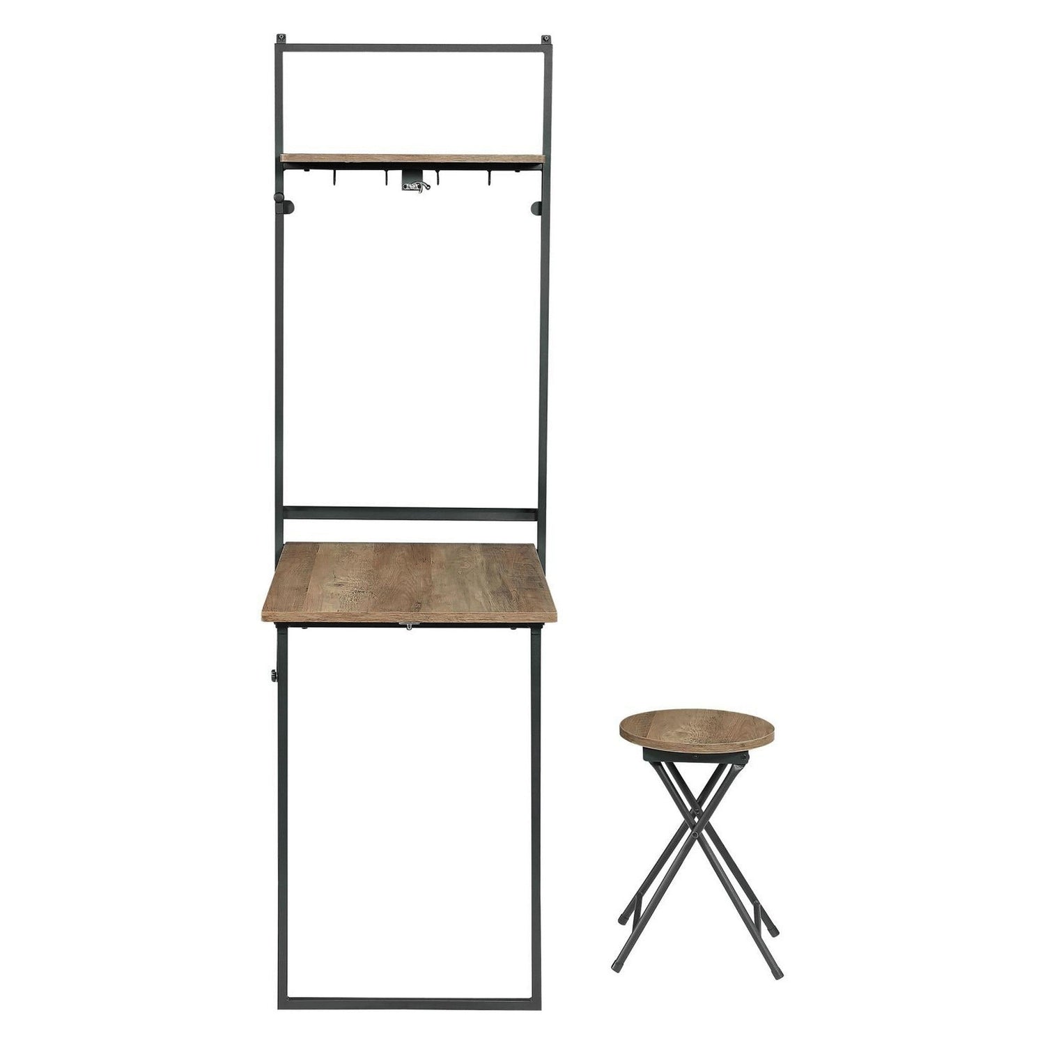 Riley Foldable Wall Desk with Stool Rustic Oak and Sandy Black 801402