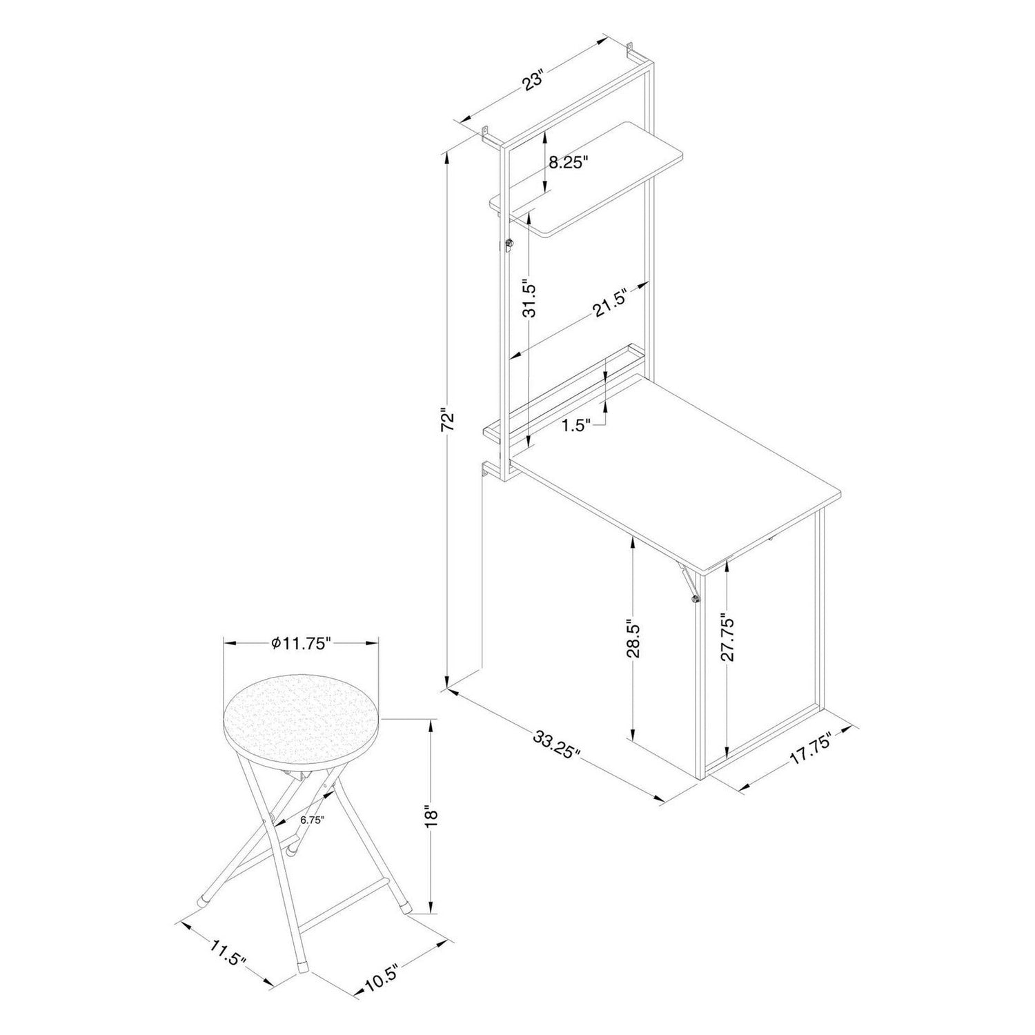 Riley Foldable Wall Desk with Stool Rustic Oak and Sandy Black 801402