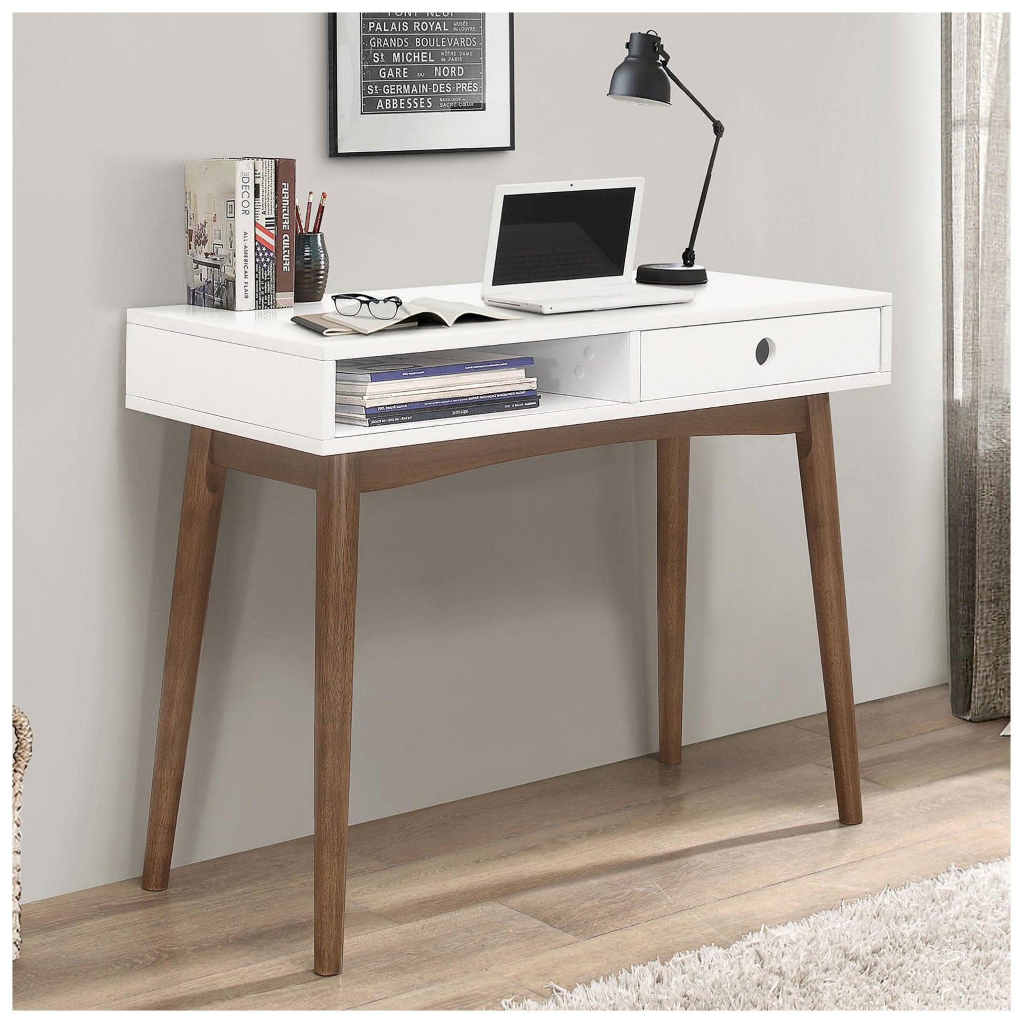 Bradenton 1-drawer Writing Desk White and Walnut 801931