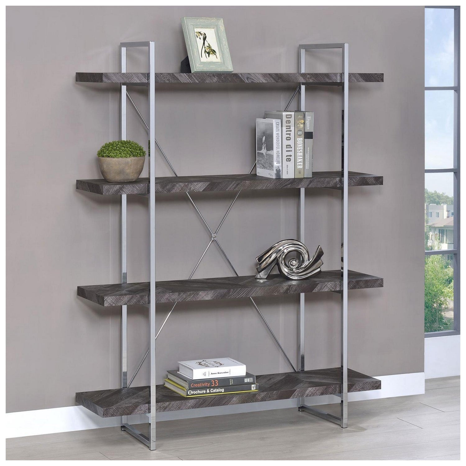 Grimma 4-shelf Bookcase Rustic Grey Herringbone 802613