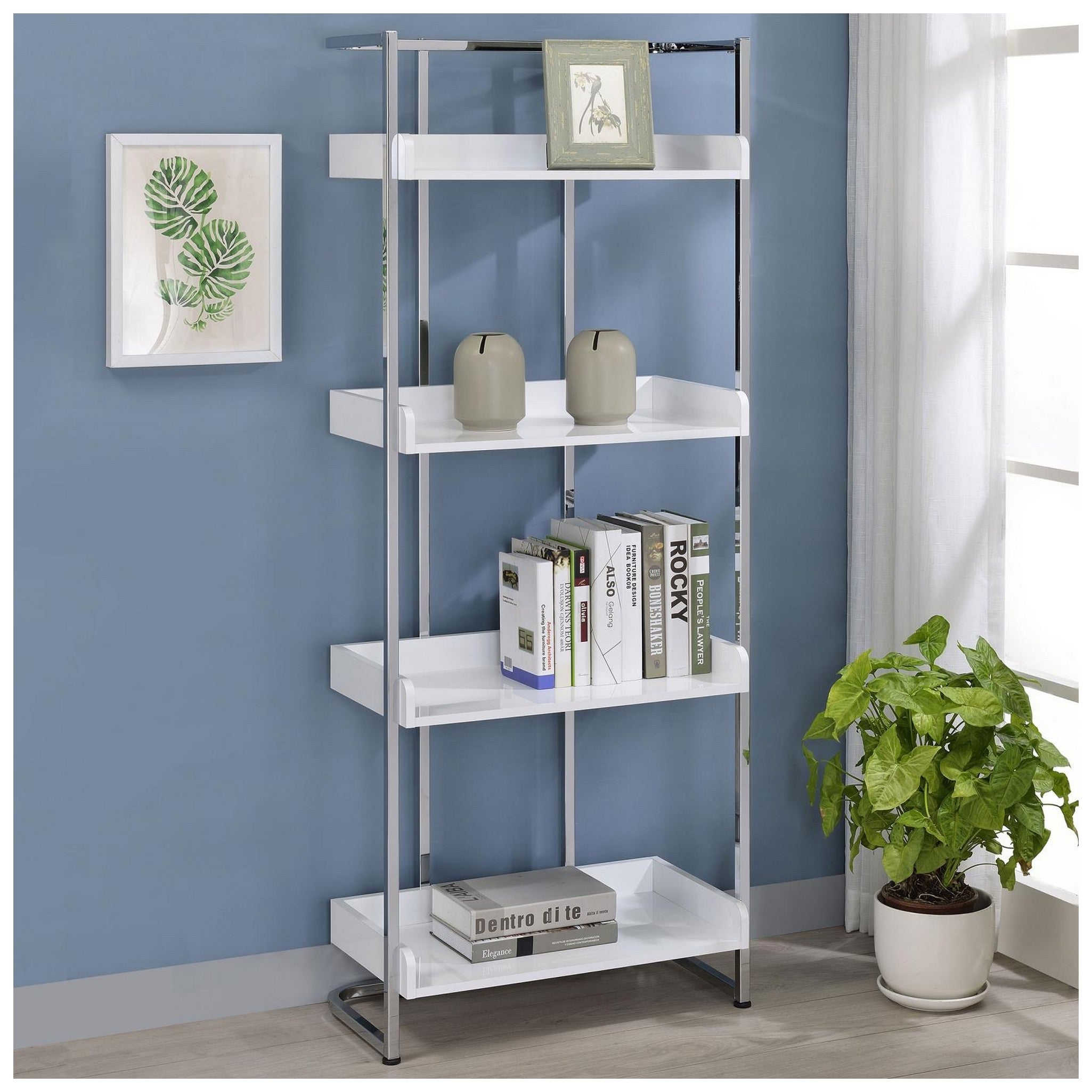 Ember 4-shelf Bookcase White High Gloss and Chrome 803402