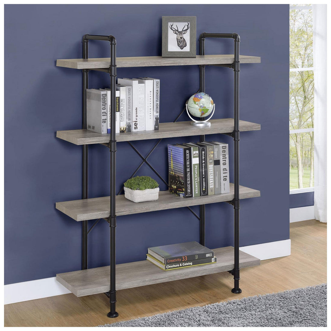 Delray 4-tier Open Shelving Bookcase Grey Driftwood and Black 804406