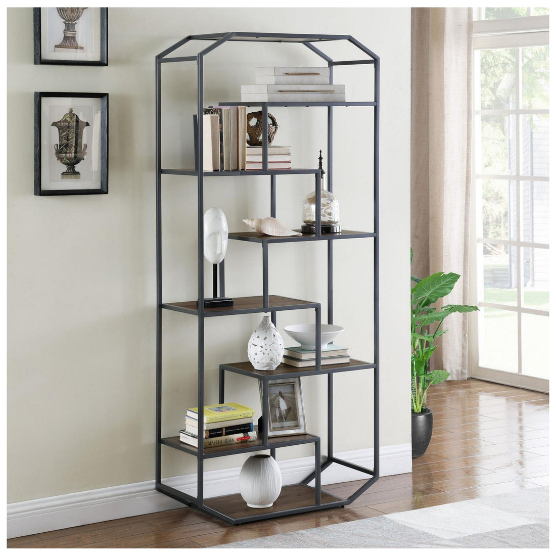 Leland 6-shelf Bookcase Rustic Brown and Dark Grey 805662