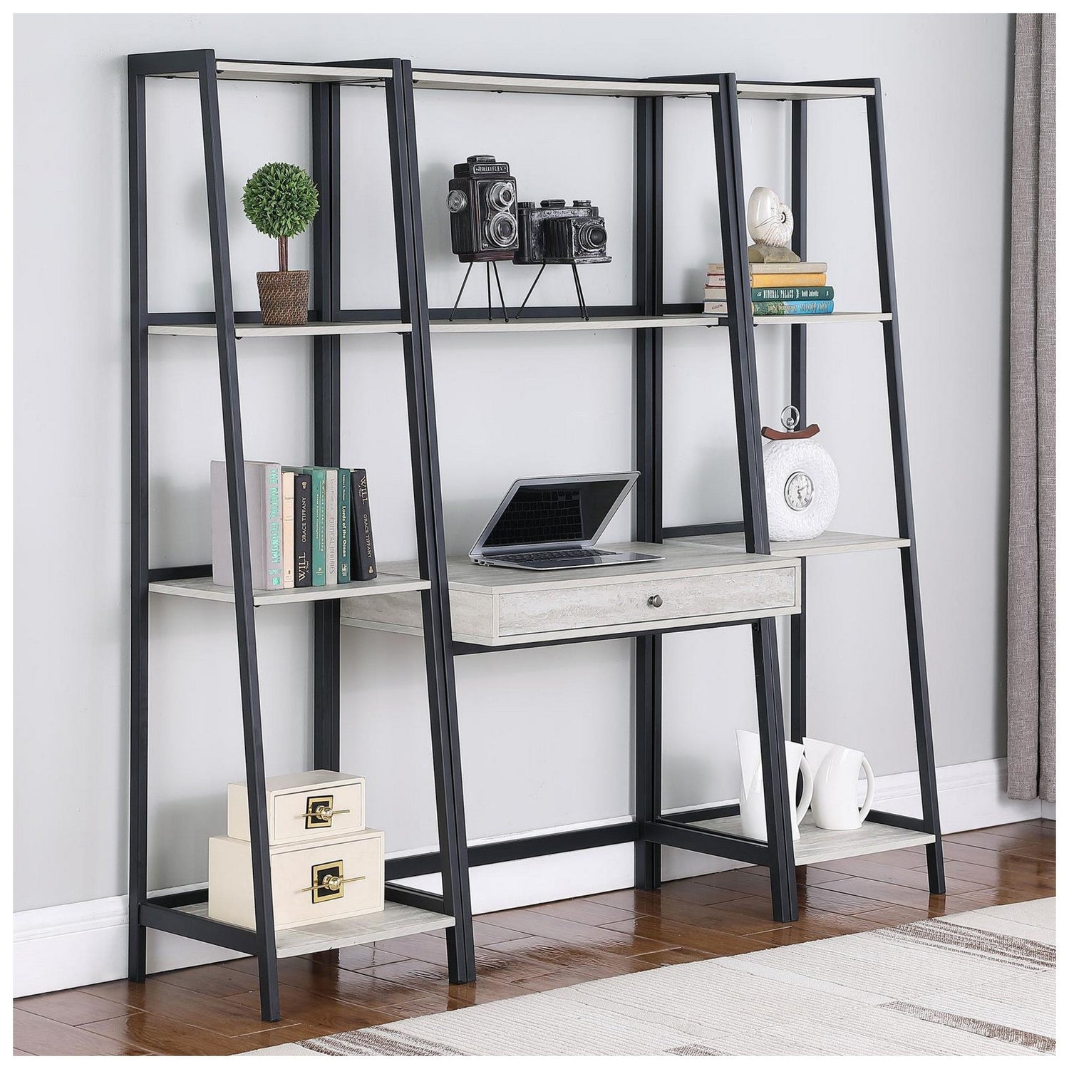 Pinckard 3-piece Ladder Desk Set Grey Stone Herringbone and Black 805801-S3