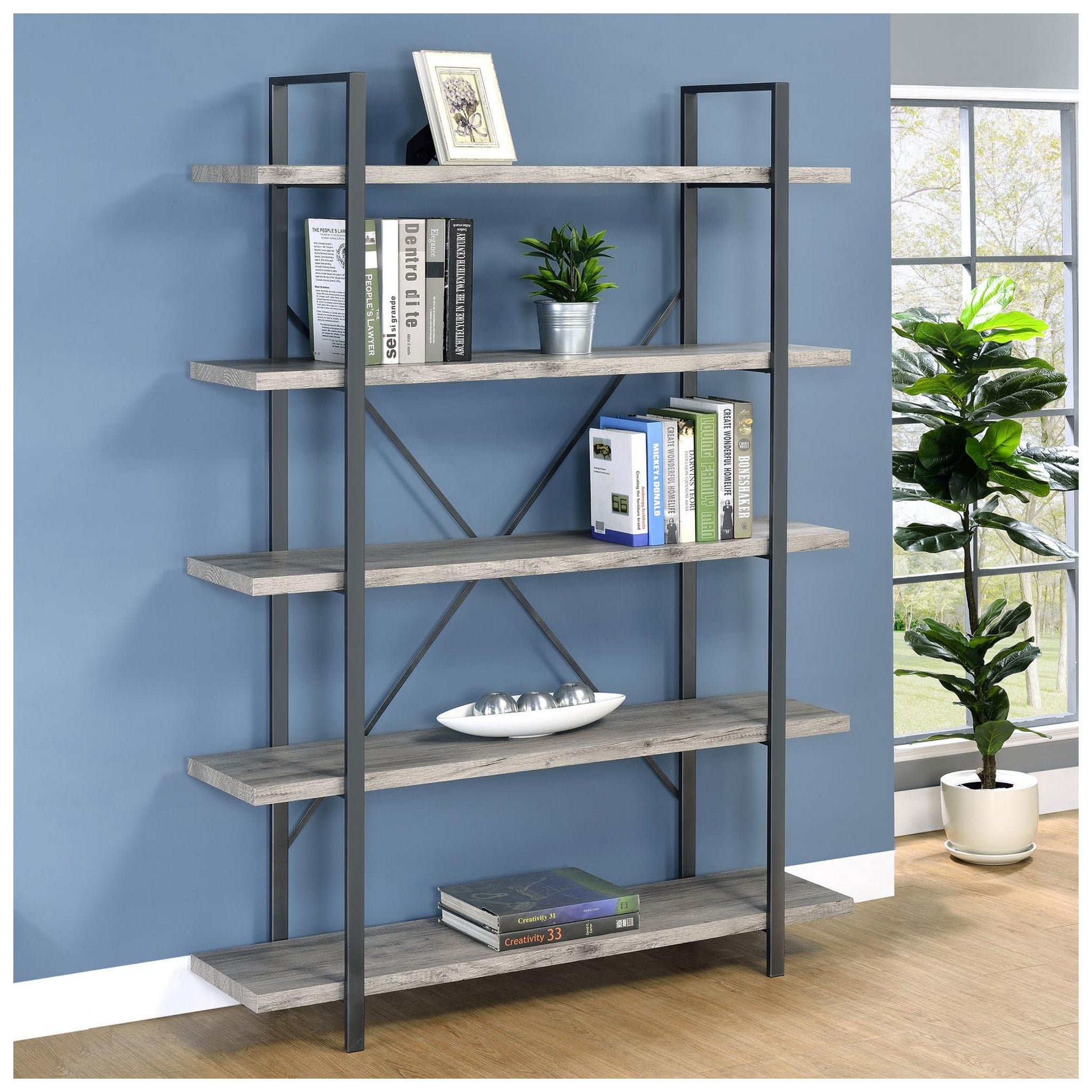 Cole 5-Shelf Bookcase Grey Driftwood and Gunmetal 805817