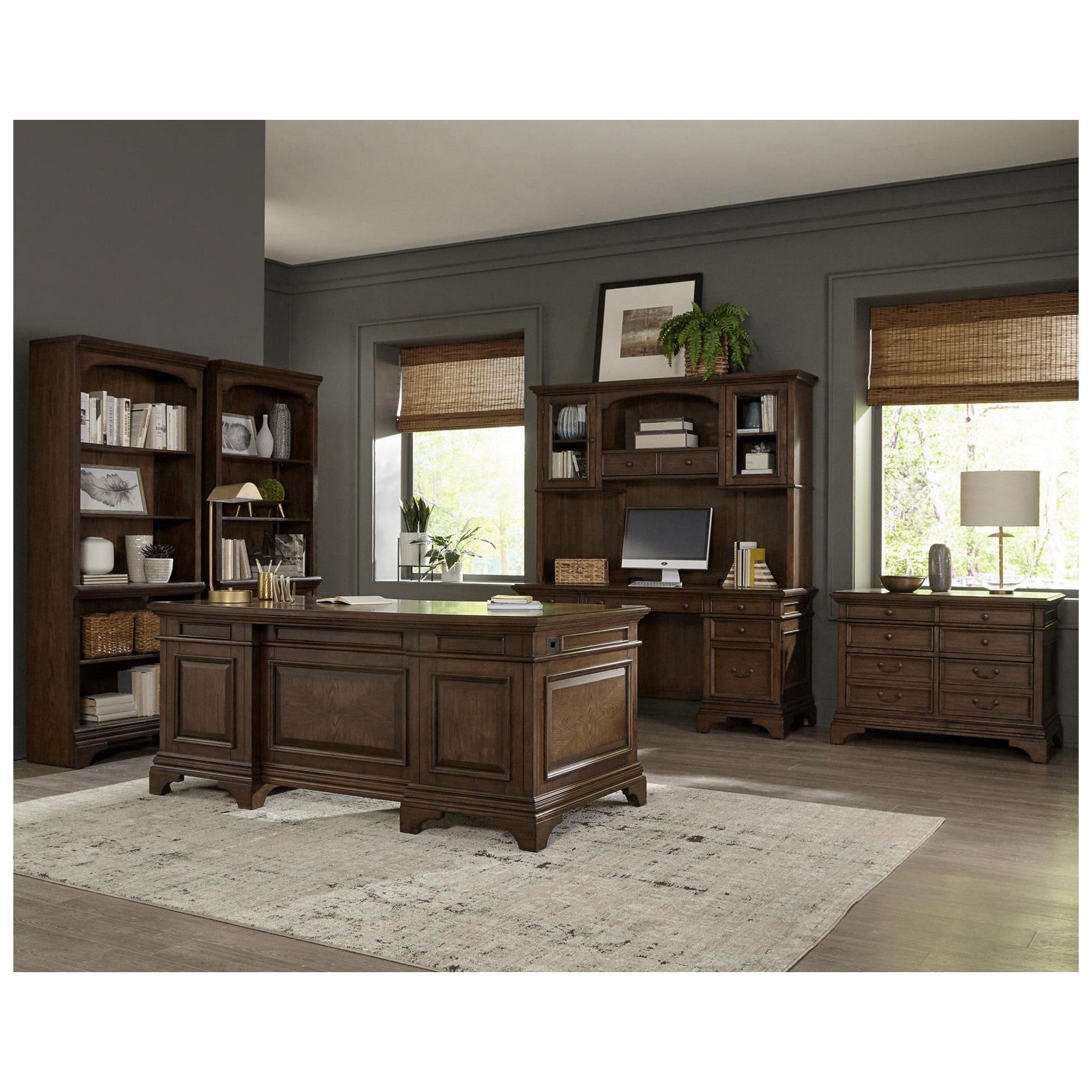 Hartshill Executive Desk with File Cabinets Burnished Oak 881281