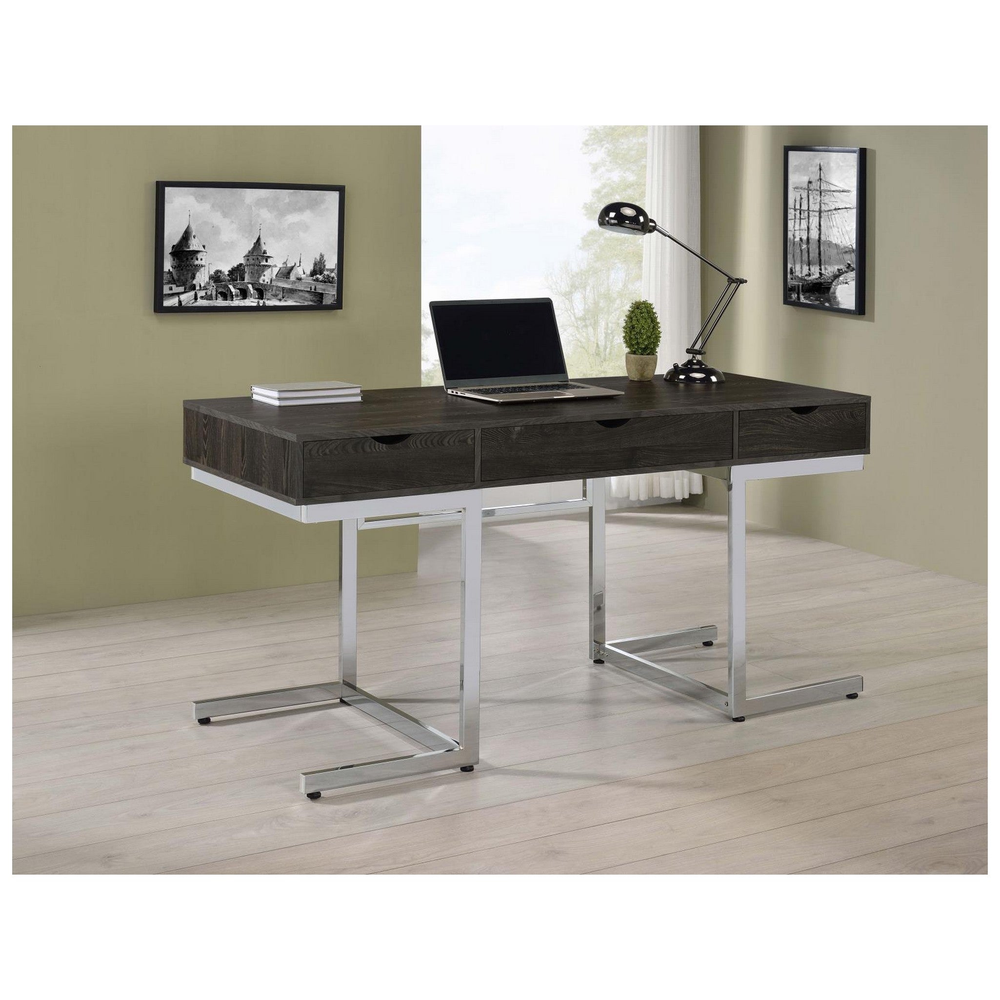 Noorvik 3-drawer Writing Desk Dark Oak and Chrome 881571