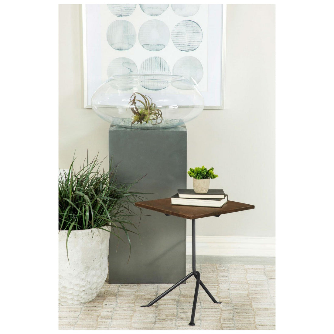 Heitor Square Accent Table with Tripod Legs Dark Brown and Gunmetal 931206