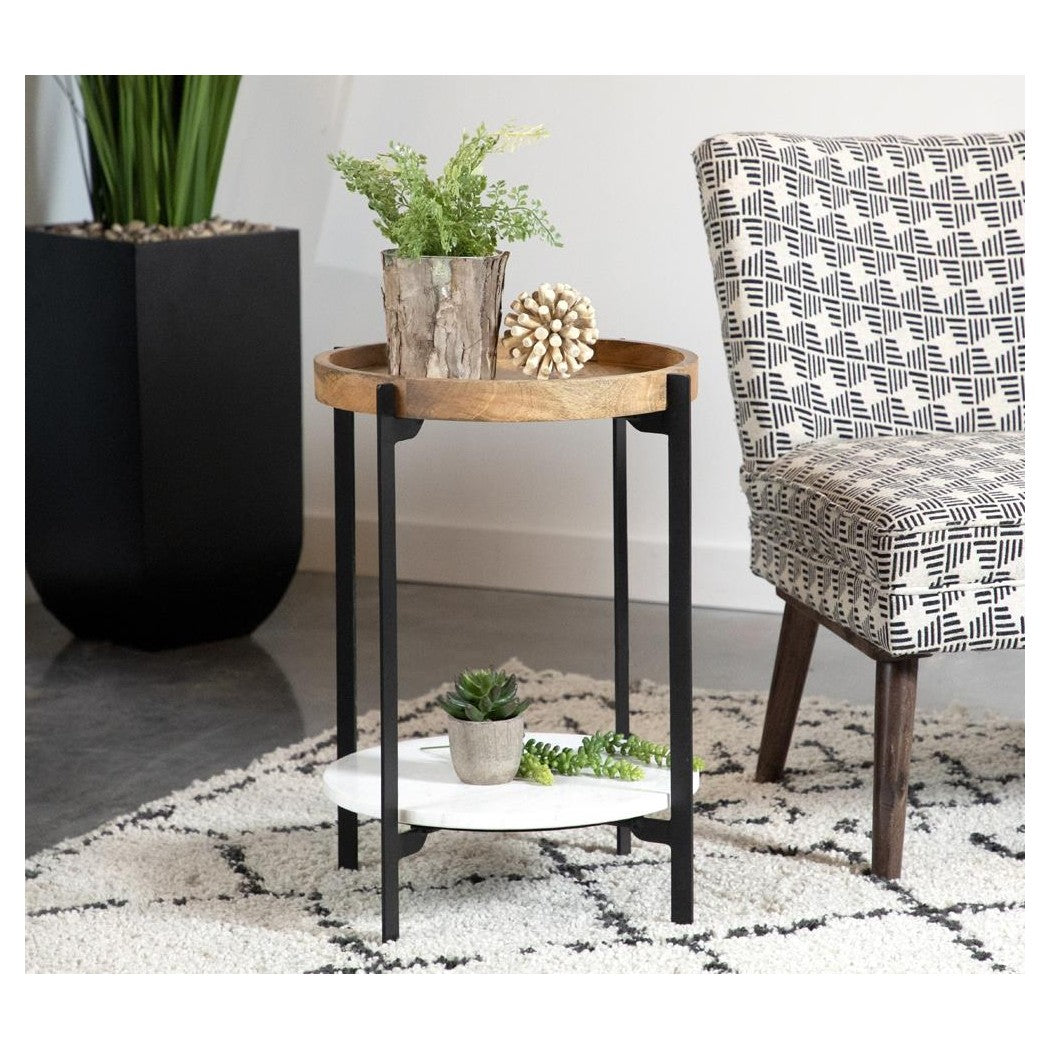 Adhvik Round Accent Table with Marble Shelf Natural and Black 931218