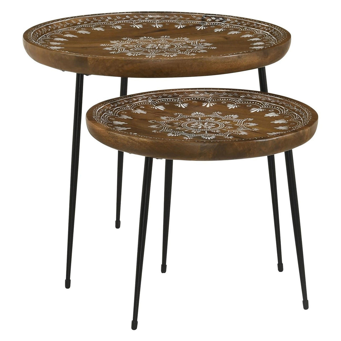 Nuala 2-piece Round Nesting Table with Tripod Tapered Legs Honey and Black 935984