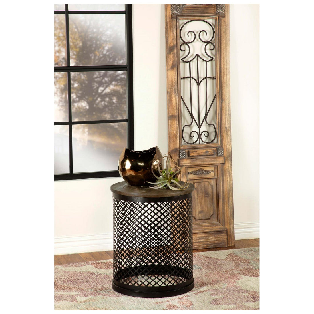 Aurora Round Accent Table with Drum Base Natural and Black 935990