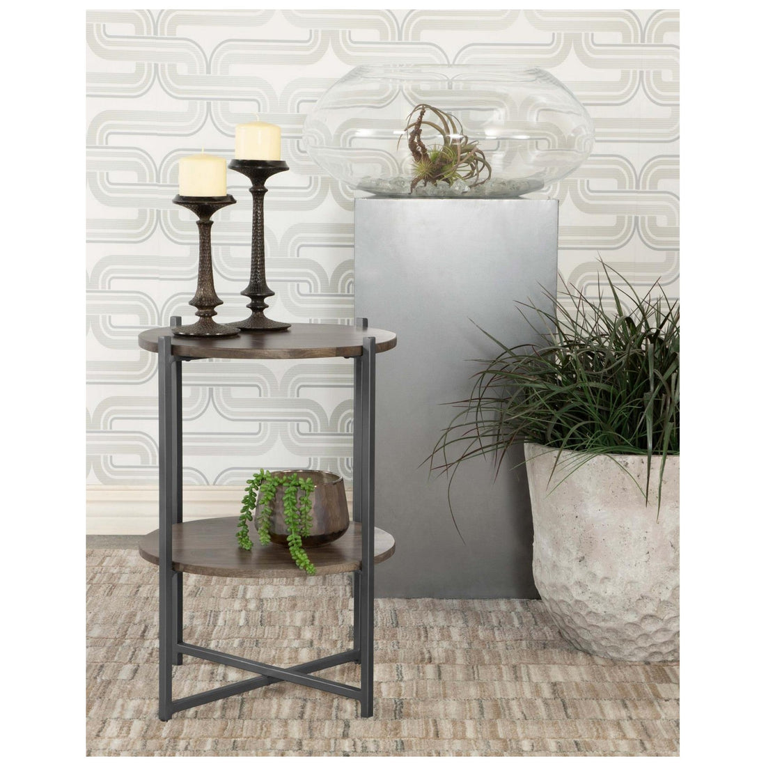 Axel Round Accent Table with Open Shelf Natural and Gunmetal 935993