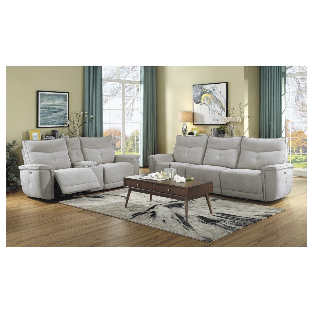 (3)Power Double Reclining Love Seat with Center Console and Power Headrests 9509MGY-2CNPWH*