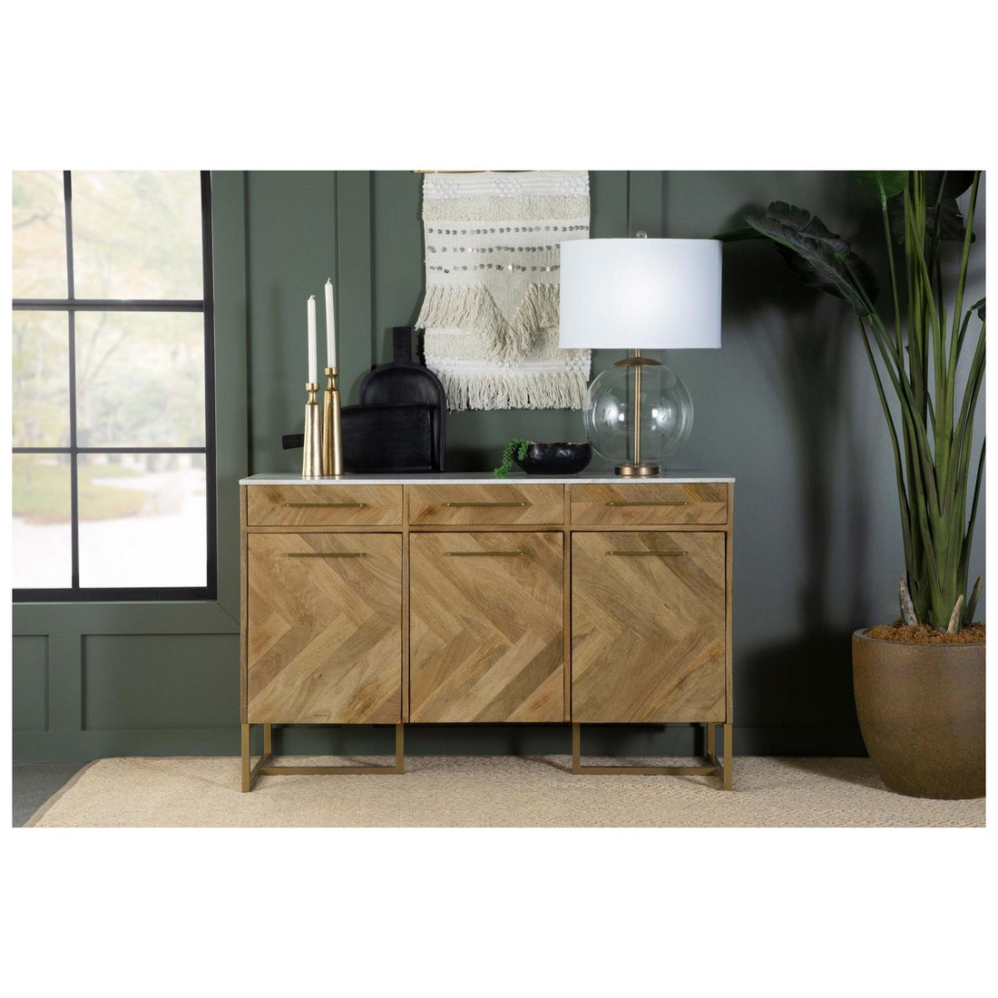 Keaton 3-door Accent Cabinet with Marble Top Natural and Antique Gold 951138