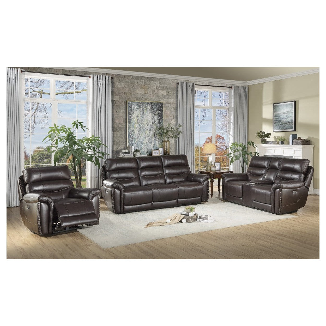 POWER DOUBLE RECLINING SOFA W/ POWER HEADRESTS &amp; USB PORTS, BROWN TOP GRAIN LEATHER MATCH PVC 9527BRW-3PWH