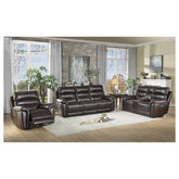 POWER DOUBLE RECLINING SOFA W/ POWER HEADRESTS & USB PORTS, BROWN TOP GRAIN LEATHER MATCH PVC 9527BRW-3PWH