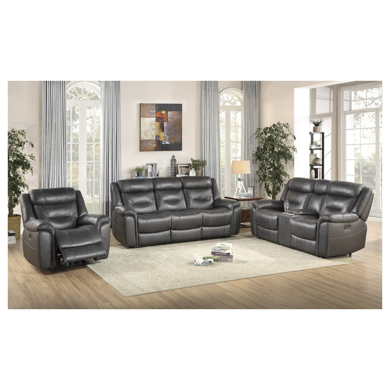 POWER DOUBLE RECLINING SOFA W/ POWER HEADRESTS &amp; USB PORTS, DARK GRAY TOP GRAIN LEATHER MATCH PVC 9528DGY-3PWH