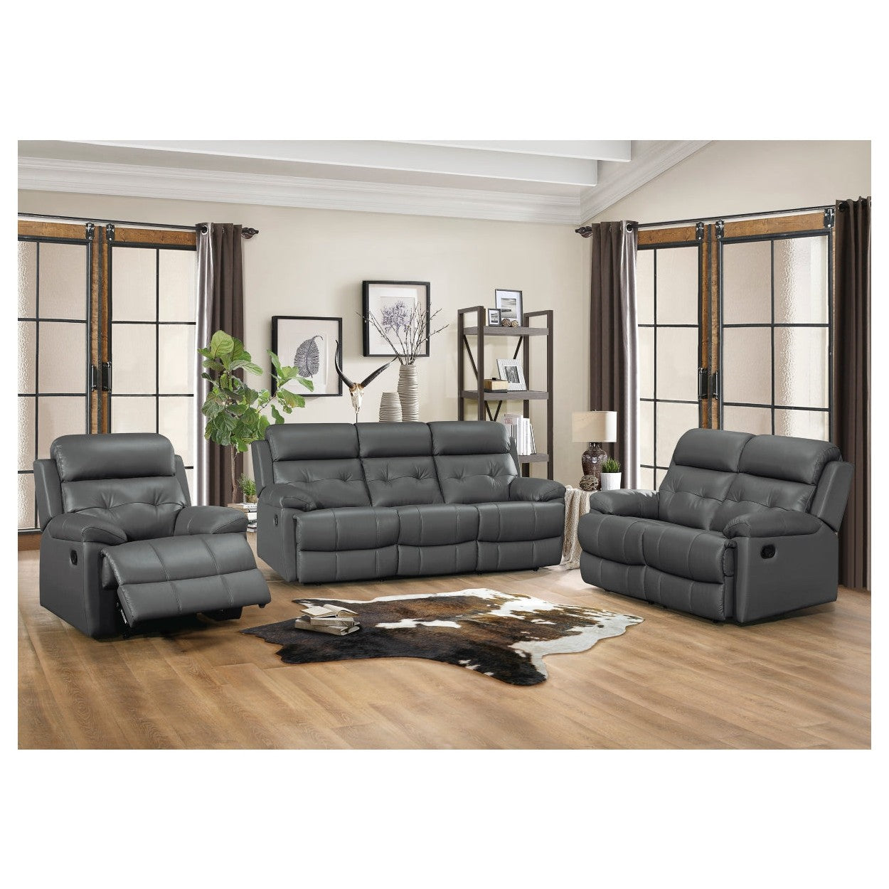 DOUBLE RECLINING LOVE SEAT, DARK GRAY TOP GRAIN LEATHER MATCH PVC 9529DGY-2