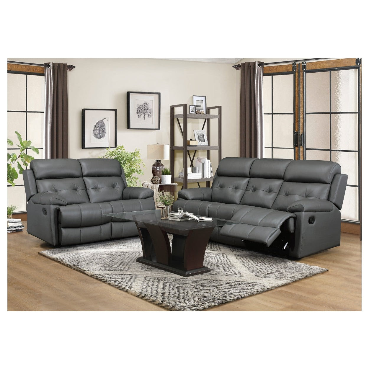 DOUBLE RECLINING LOVE SEAT, DARK GRAY TOP GRAIN LEATHER MATCH PVC 9529DGY-2