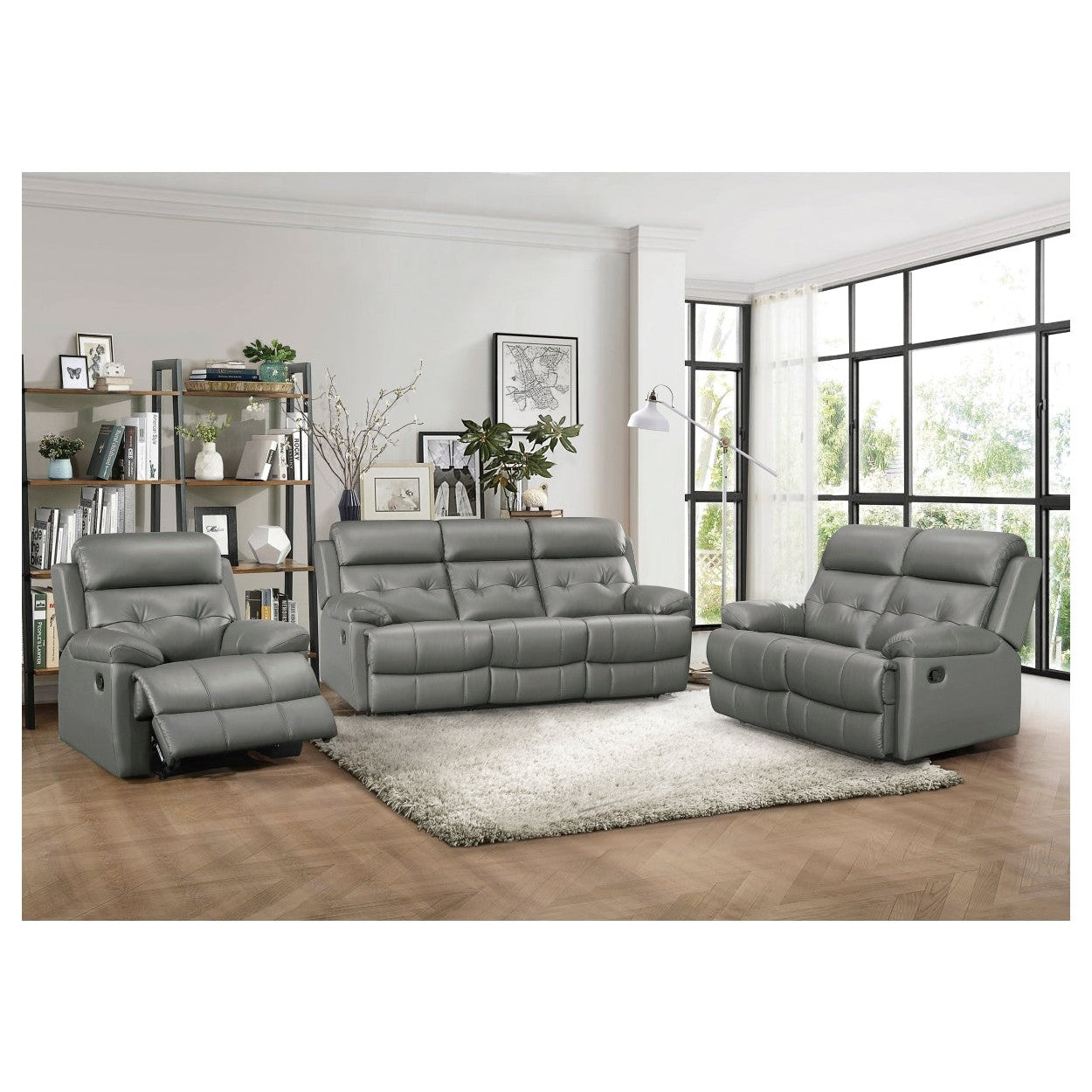 DOUBLE RECLINING SOFA, GRAY TOP GRAIN LEATHER MATCH PVC 9529GRY-3