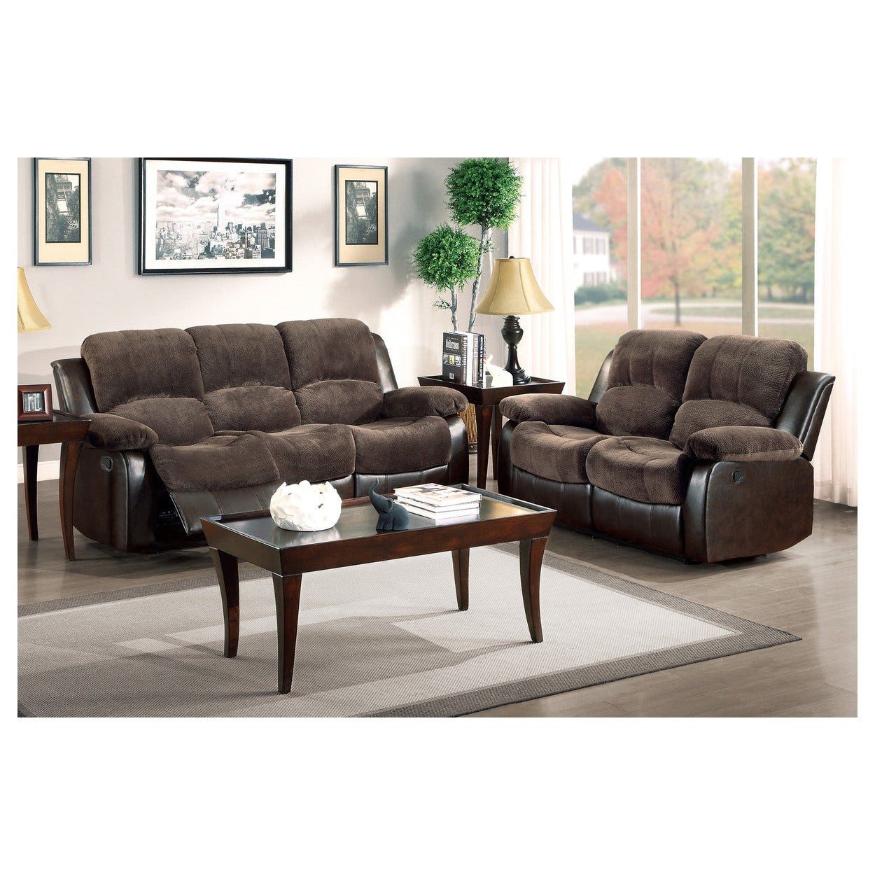 DOUBLE RECLINING SOFA, CHOCOLATE TEXTURED PLUSH MICROFIBER AND DARK BROWN PU 9700FCP-3