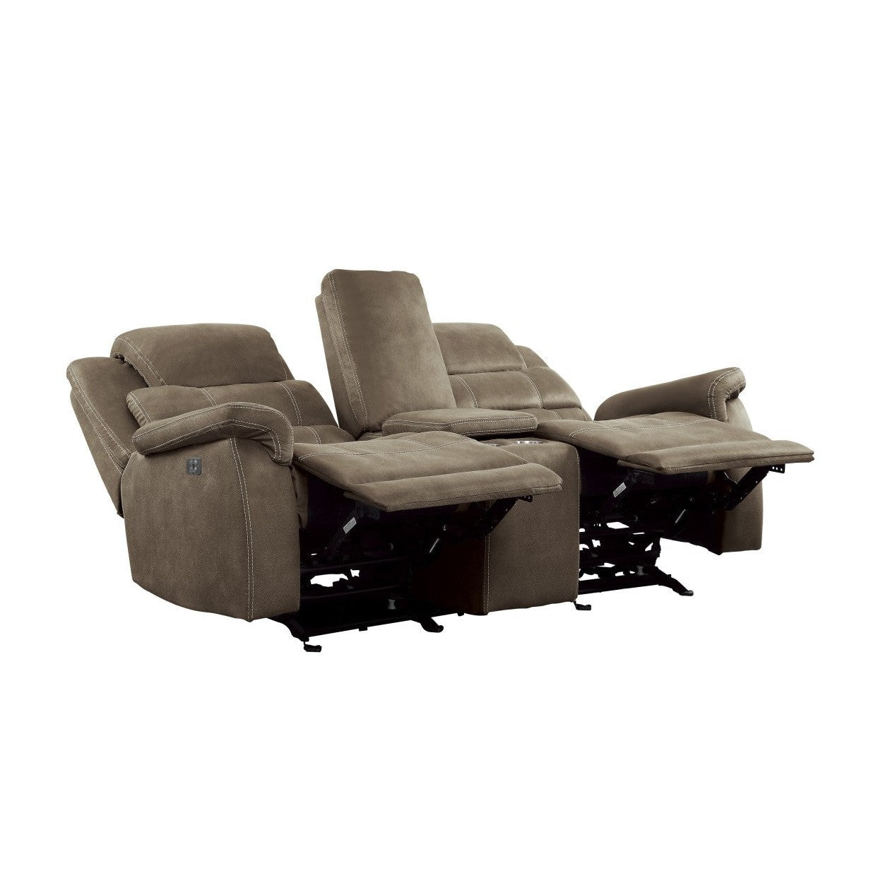 POWER DOUBLE RECLINING LOVE SEAT WITH CENTER CONSOLE, POWER HEADRESTS &amp; USB PORTS, BROWN 100% POLYESTER 9848BR-2PWH