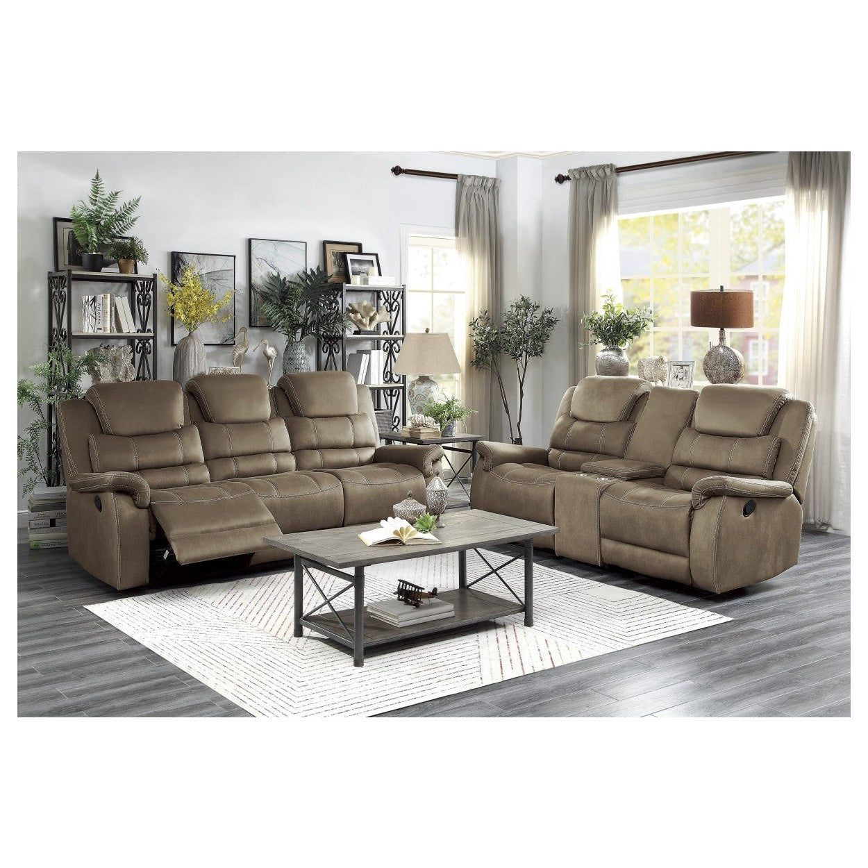 DOUBLE RECLINING SOFA WITH DROP DOWN CUP HOLDERS &amp; RECEPTACLES, BROWN 100% POLYESTER 9848BR-3