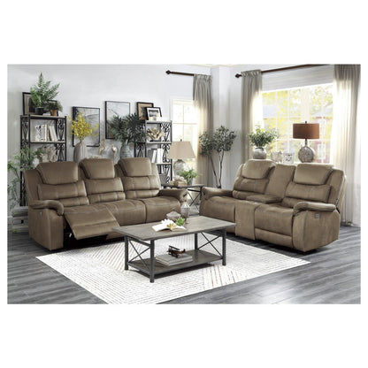 POWER DOUBLE RECLINING SOFA WITH POWER HEADRESTS, DROP DOWN CUP HOLDERS, RECEPTACLES &amp; USB PORTS, BROWN 100% POLYESTER 9848BR-3PWH