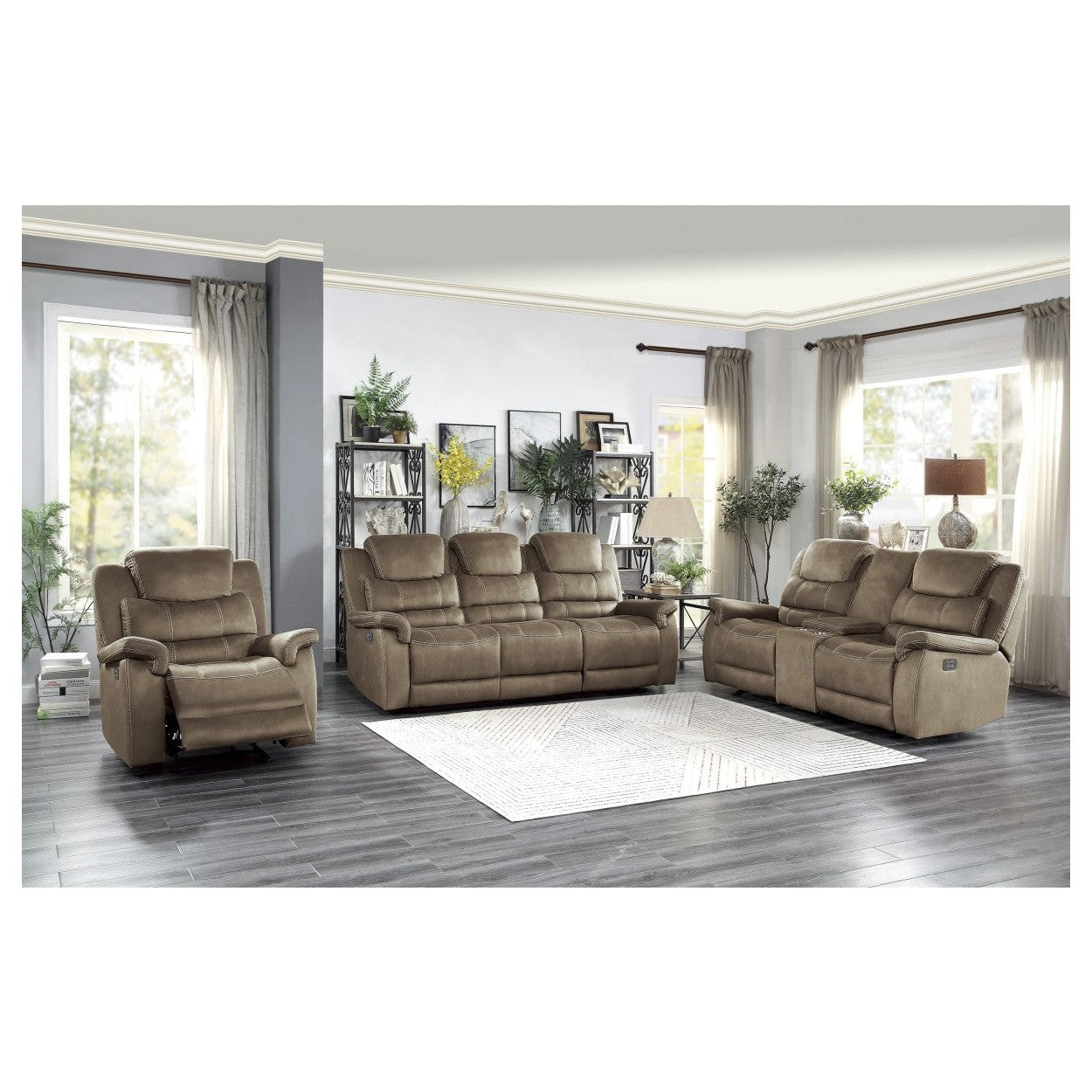 POWER DOUBLE RECLINING LOVE SEAT WITH CENTER CONSOLE, POWER HEADRESTS &amp; USB PORTS, BROWN 100% POLYESTER 9848BR-2PWH