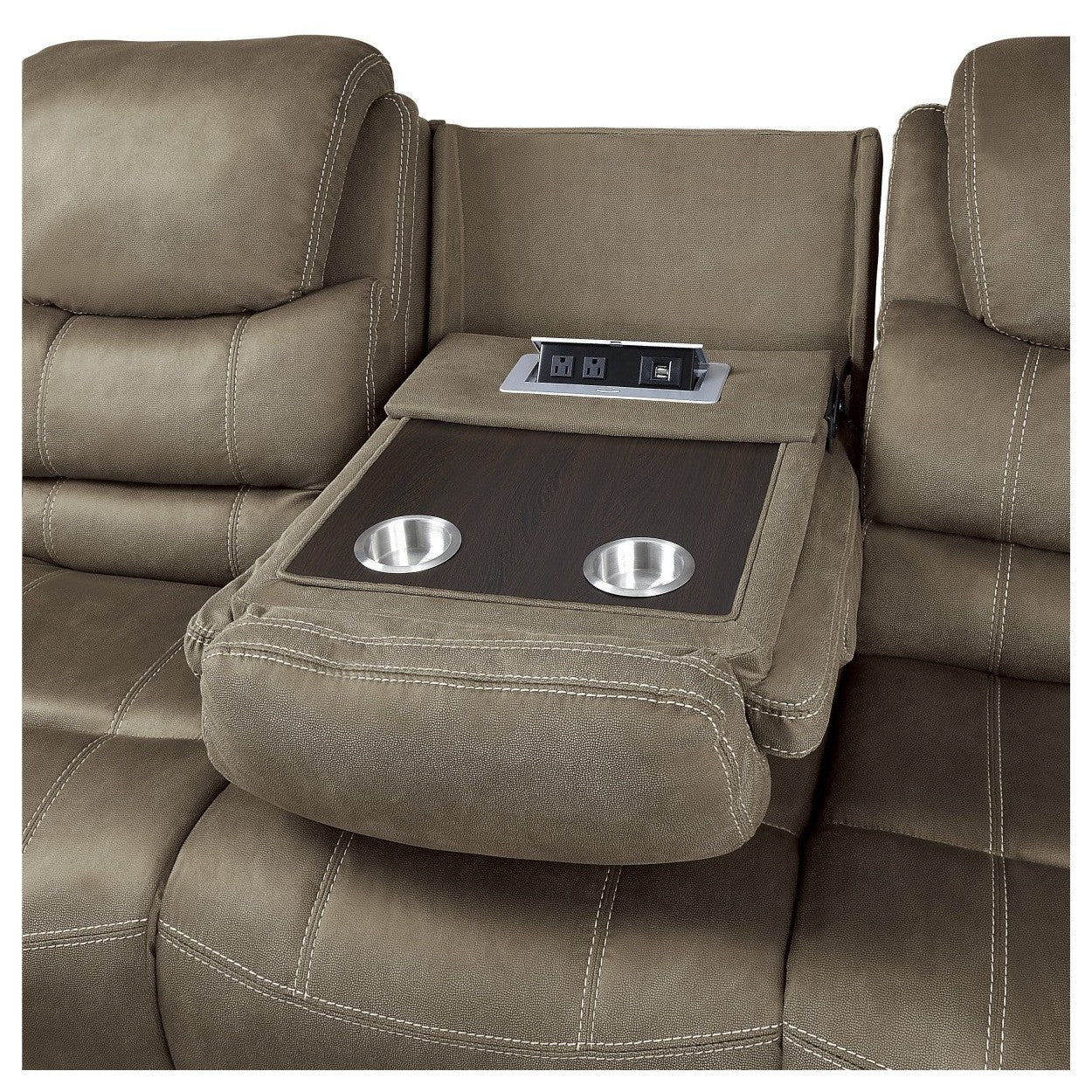 DOUBLE RECLINING SOFA WITH DROP DOWN CUP HOLDERS &amp; RECEPTACLES, BROWN 100% POLYESTER 9848BR-3