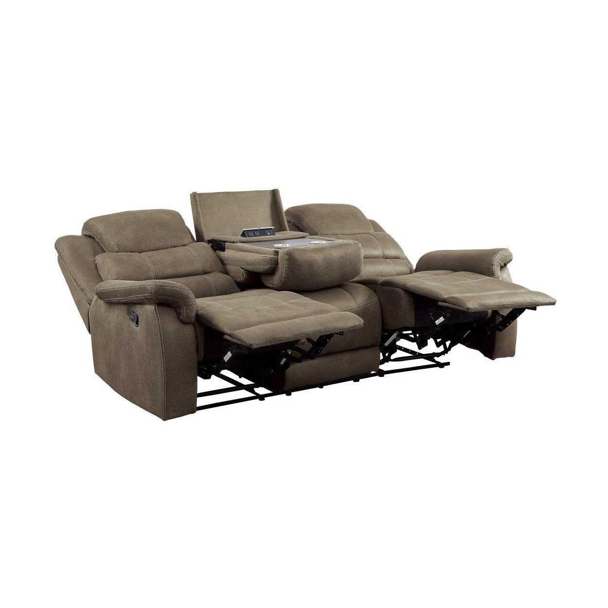 DOUBLE RECLINING SOFA WITH DROP DOWN CUP HOLDERS &amp; RECEPTACLES, BROWN 100% POLYESTER 9848BR-3