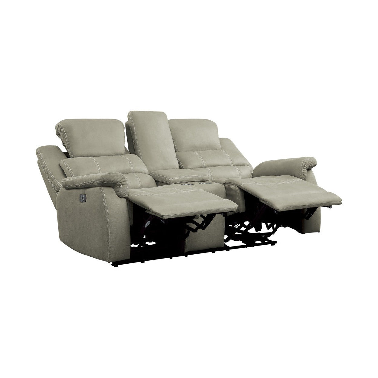 POWER DOUBLE RECLINING LOVE SEAT WITH CENTER CONSOLE, POWER HEADRESTS &amp; USB PORTS, GRAY 100% POLYESTER 9848GY-2PWH