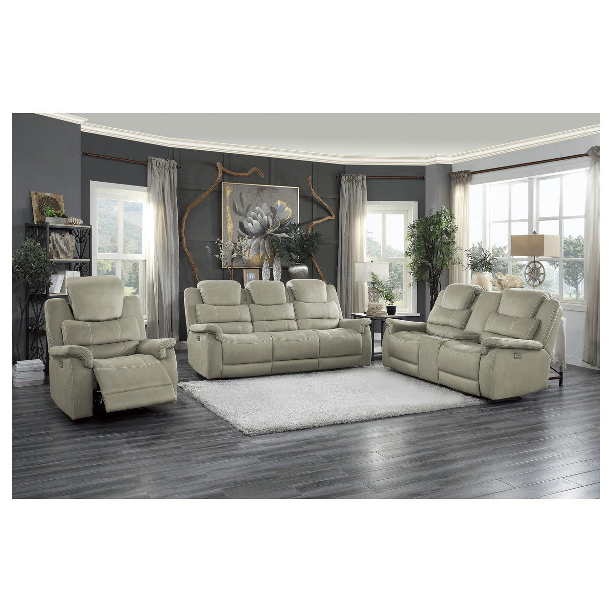 POWER DOUBLE RECLINING SOFA WITH POWER HEADRESTS, DROP DOWN CUP HOLDERS, RECEPTACLES &amp; USB PORTS, GRAY 100% POLYESTER 9848GY-3PWH