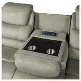 POWER DOUBLE RECLINING SOFA WITH POWER HEADRESTS, DROP DOWN CUP HOLDERS, RECEPTACLES & USB PORTS, GRAY 100% POLYESTER 9848GY-3PWH