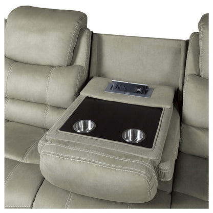 POWER DOUBLE RECLINING SOFA WITH POWER HEADRESTS, DROP DOWN CUP HOLDERS, RECEPTACLES &amp; USB PORTS, GRAY 100% POLYESTER 9848GY-3PWH