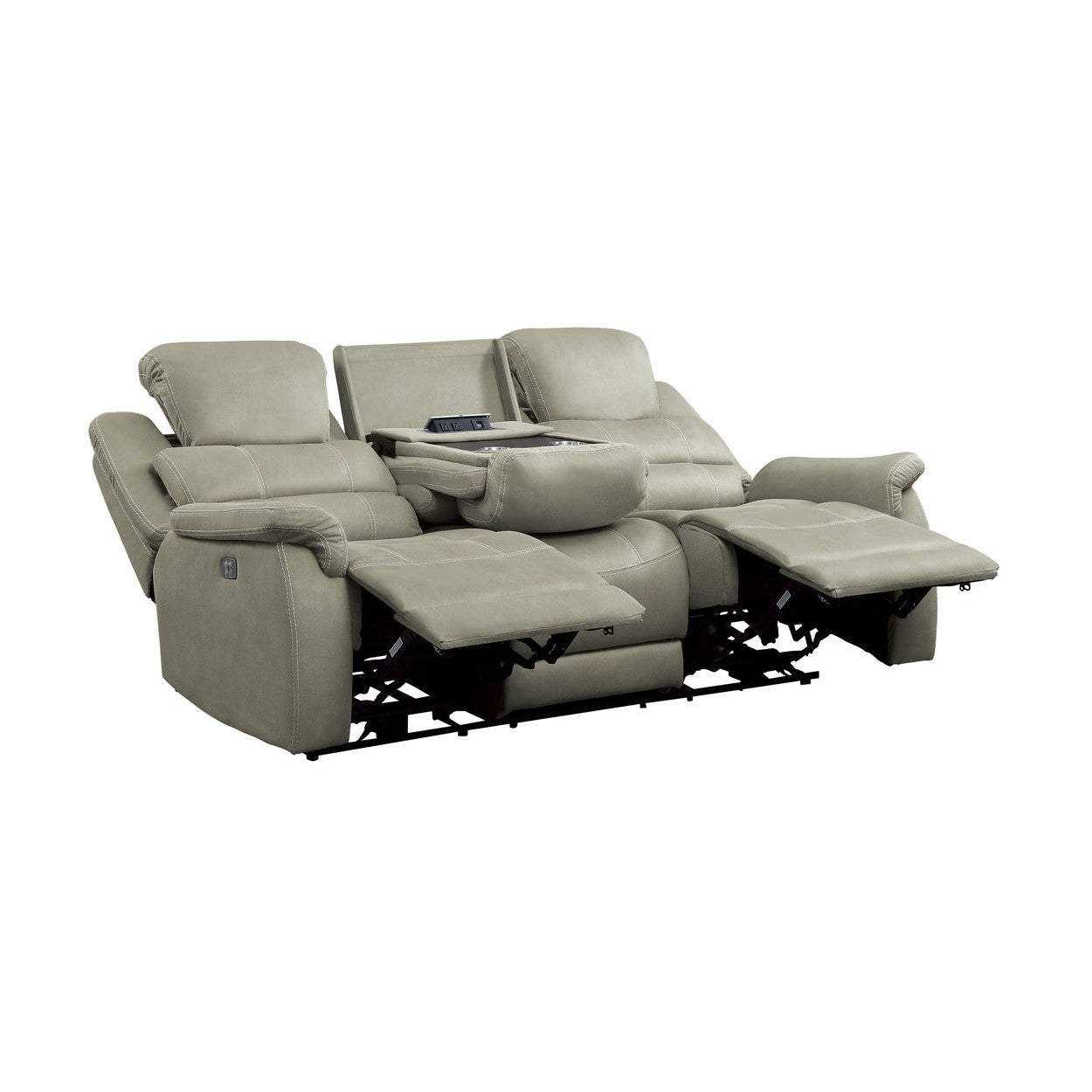 POWER DOUBLE RECLINING SOFA WITH POWER HEADRESTS, DROP DOWN CUP HOLDERS, RECEPTACLES &amp; USB PORTS, GRAY 100% POLYESTER 9848GY-3PWH