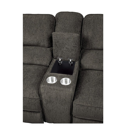 POWER DOUBLE RECLINING LOVE SEAT WITH CENTER CONSOLE, POWER HEADRESTS &amp; USB PORTS, CHOCOLATE 100% POLYESTER 9849CH-2PWH