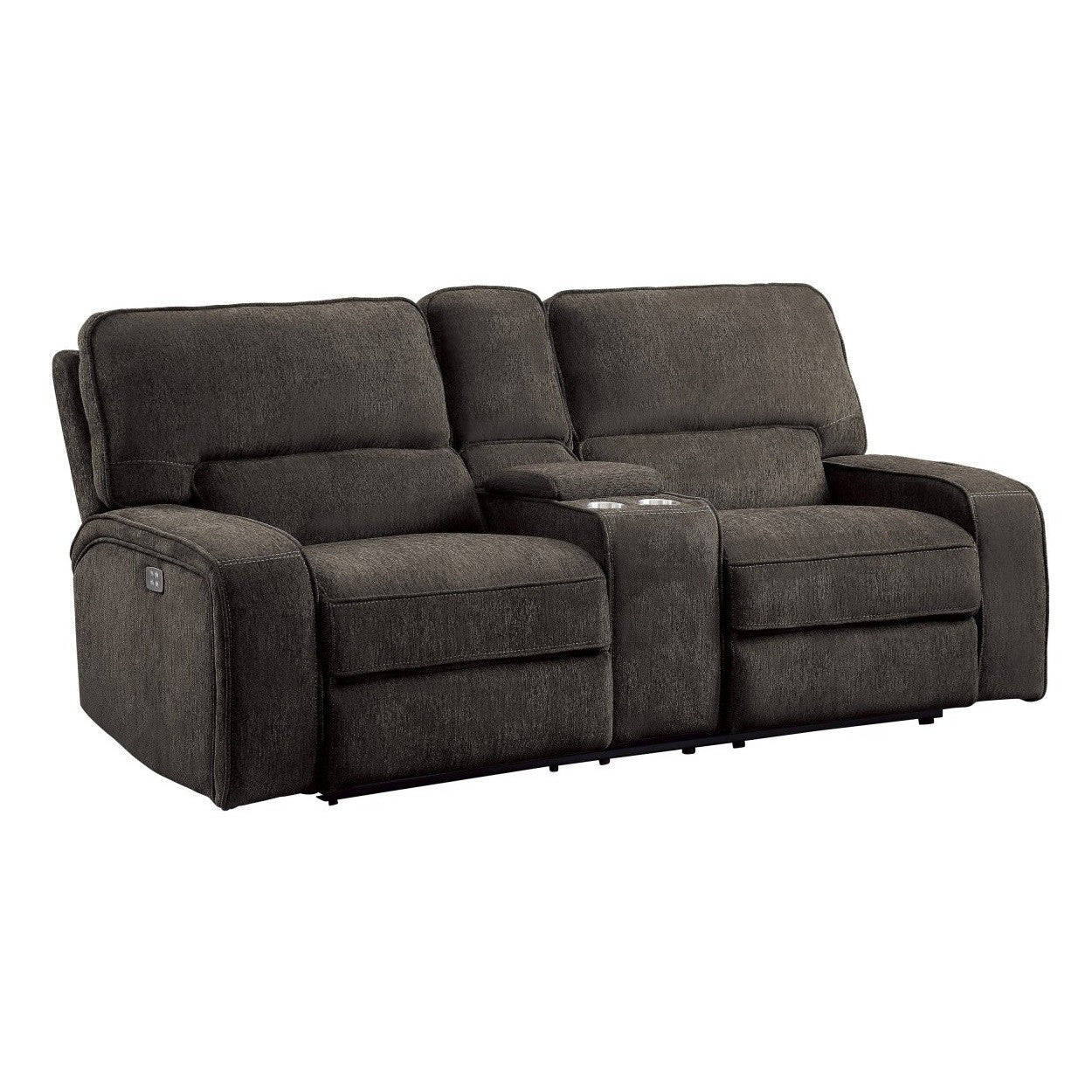 POWER DOUBLE RECLINING LOVE SEAT WITH CENTER CONSOLE, POWER HEADRESTS &amp; USB PORTS, CHOCOLATE 100% POLYESTER 9849CH-2PWH