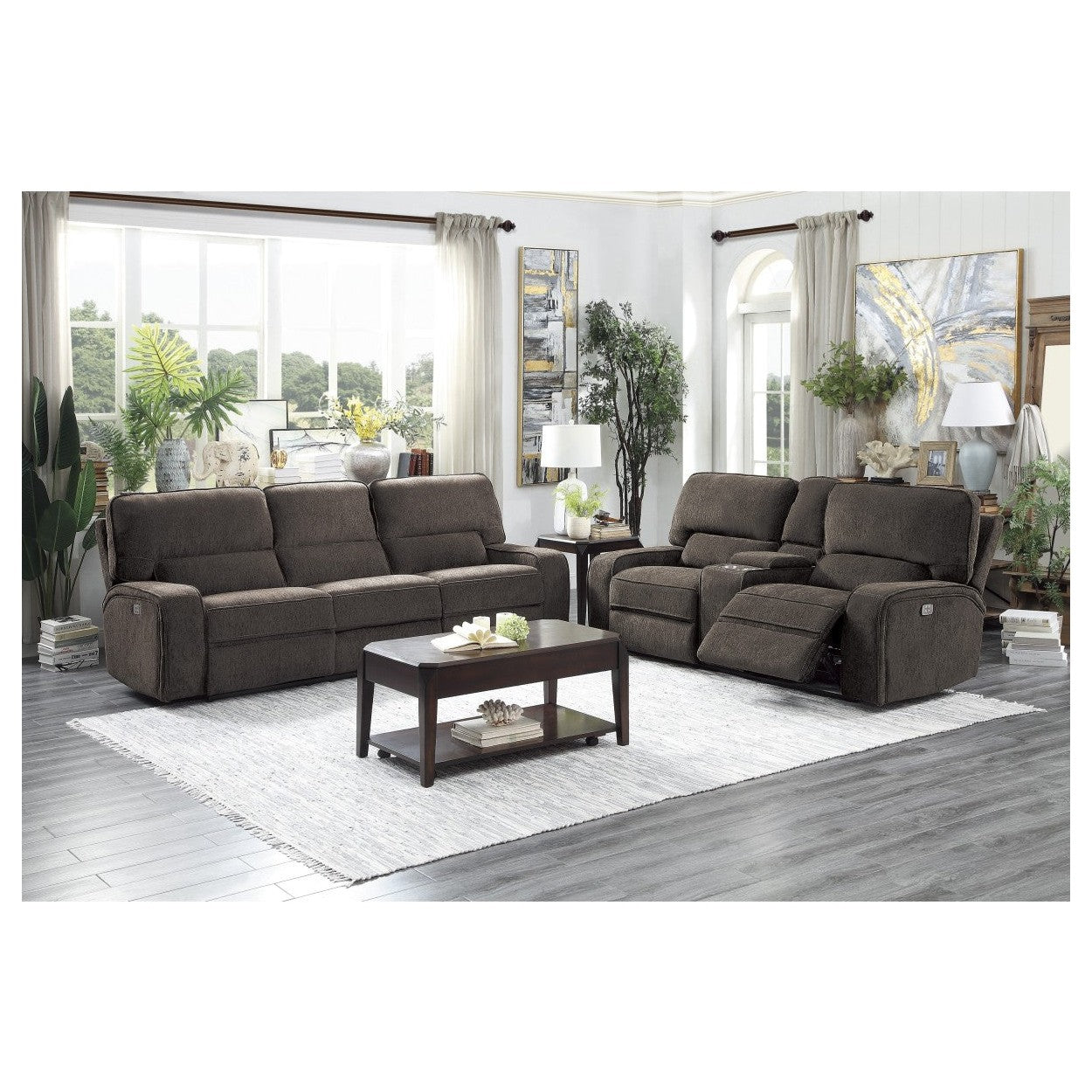 POWER DOUBLE RECLINING LOVE SEAT WITH CENTER CONSOLE, POWER HEADRESTS &amp; USB PORTS, CHOCOLATE 100% POLYESTER 9849CH-2PWH