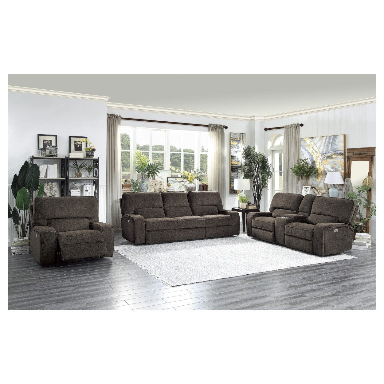 POWER DOUBLE RECLINING SOFA WITH POWER HEADRESTS &amp; USB PORTS, CHOCOLATE 100% POLYESTER 9849CH-3PWH