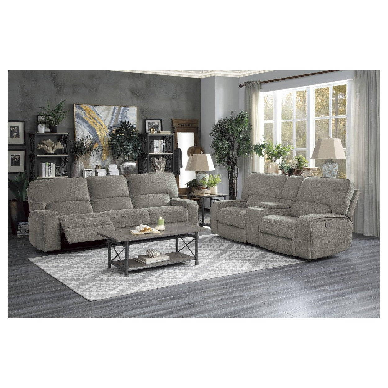 POWER DOUBLE RECLINING SOFA WITH POWER HEADRESTS &amp; USB PORTS, MOCHA 100% POLYESTER 9849MC-3PWH