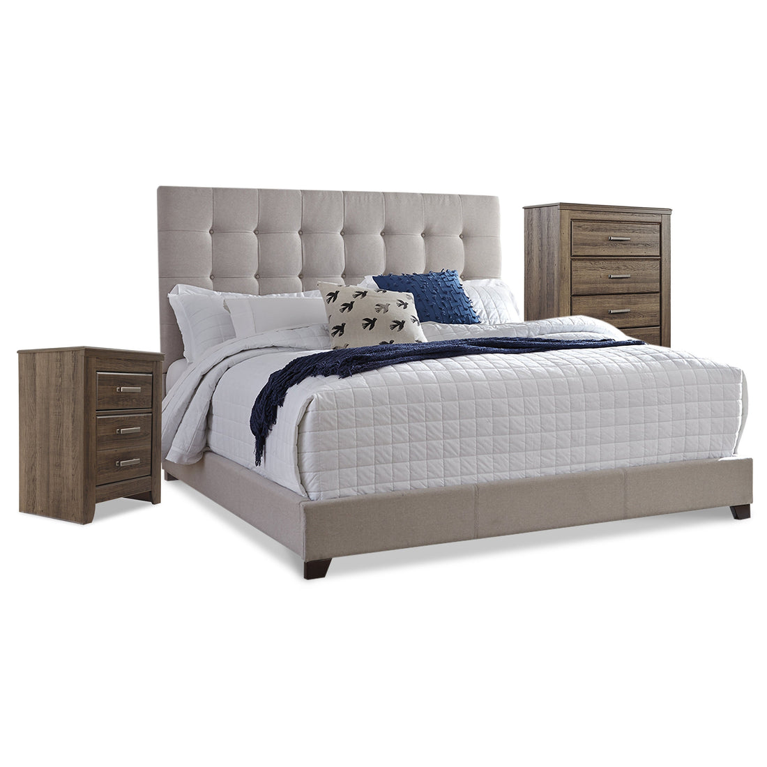 Dolante Queen Upholstered Bed with Chest of Drawers and Nightstand Ash-B130B7