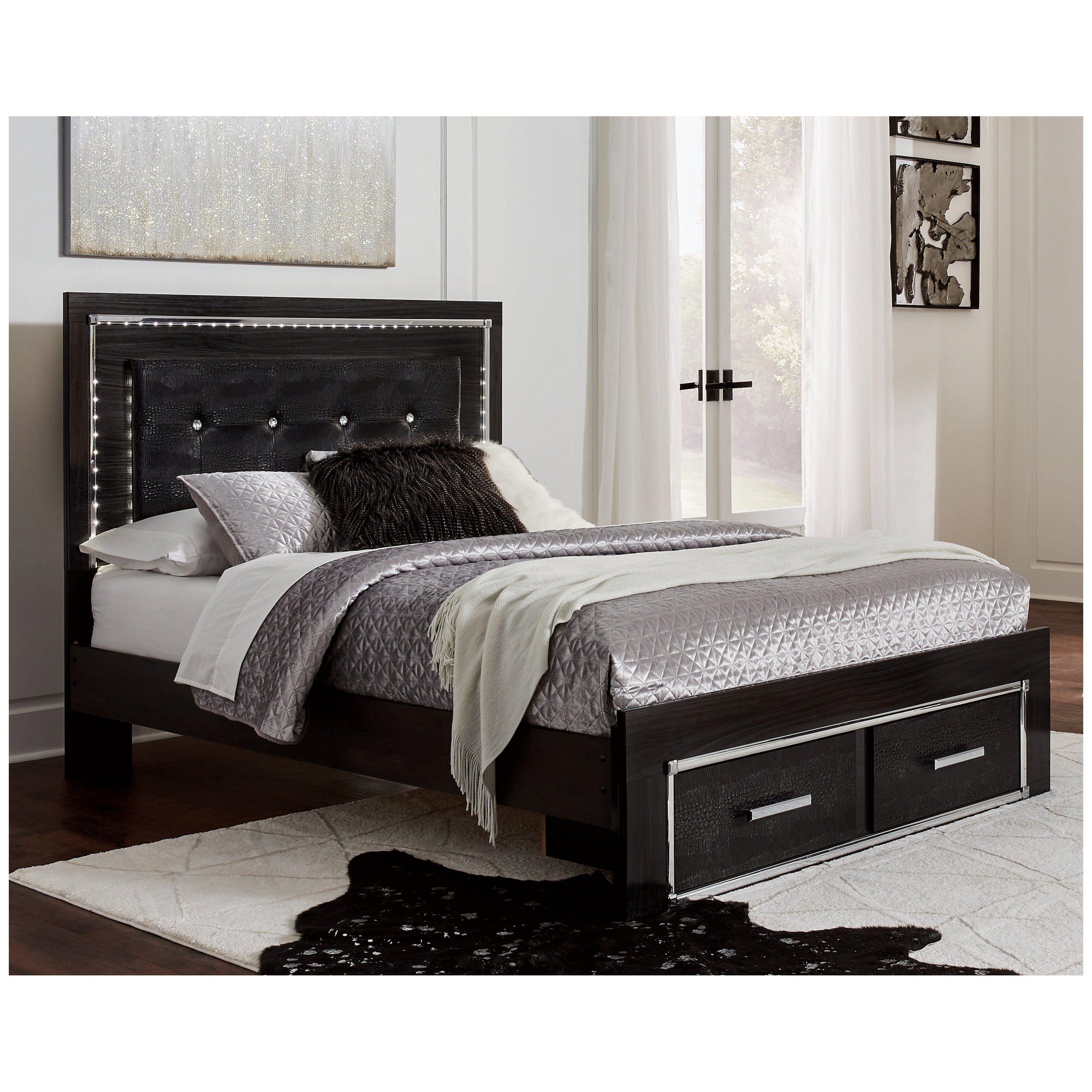 Kaydell Queen Upholstered Panel Storage Bed, Dresser, Mirror and 2 Nightstands Ash-B1420B27