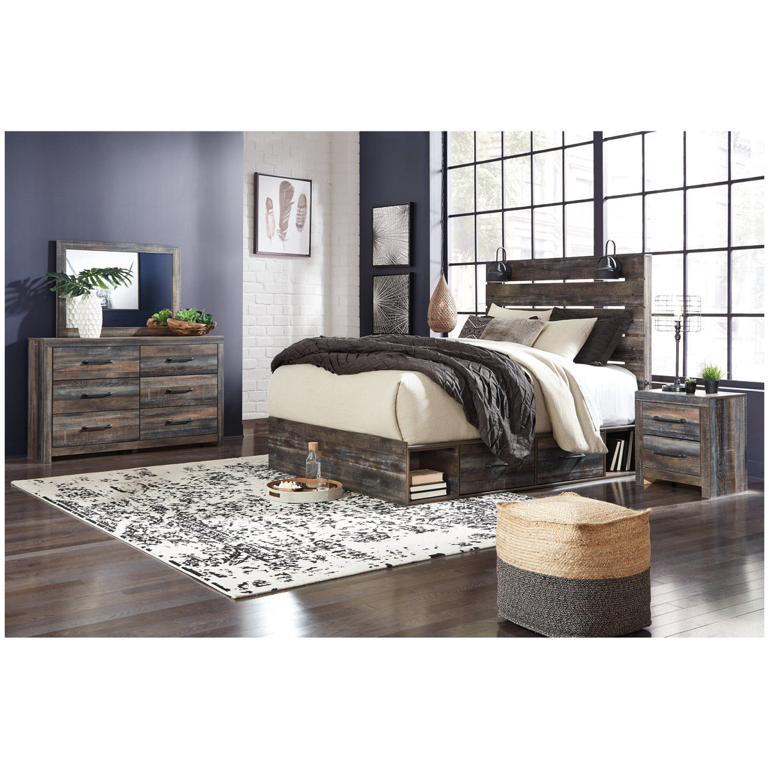 Drystan King Panel Bed with Storage, Dresser, Mirror and Nightstand Ash-B211B48