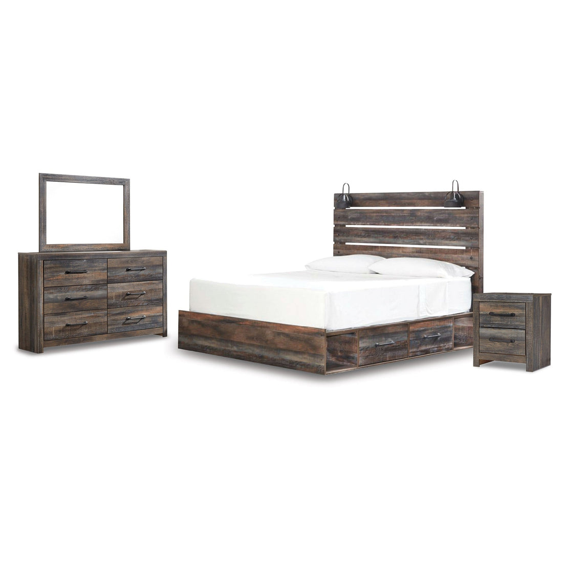 Drystan King Panel Bed with Storage, Dresser, Mirror and Nightstand Ash-B211B48