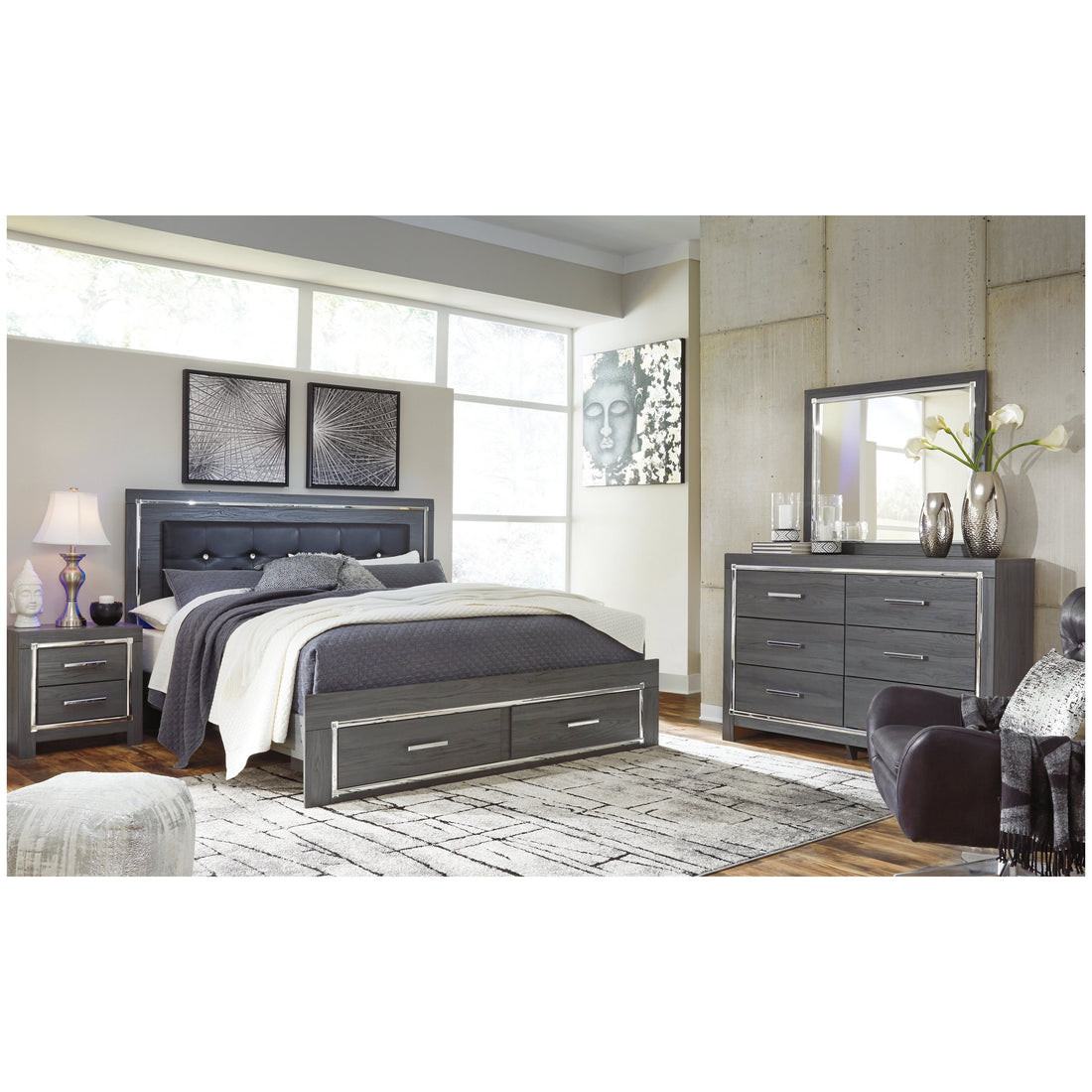 Lodanna King Panel Storage Bed with Mirrored Dresser and Nightstand Ash-B214B17